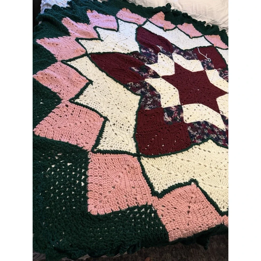 Vintage Large Crochet Prairie Star Afghan Throw‎ Multicolored 84